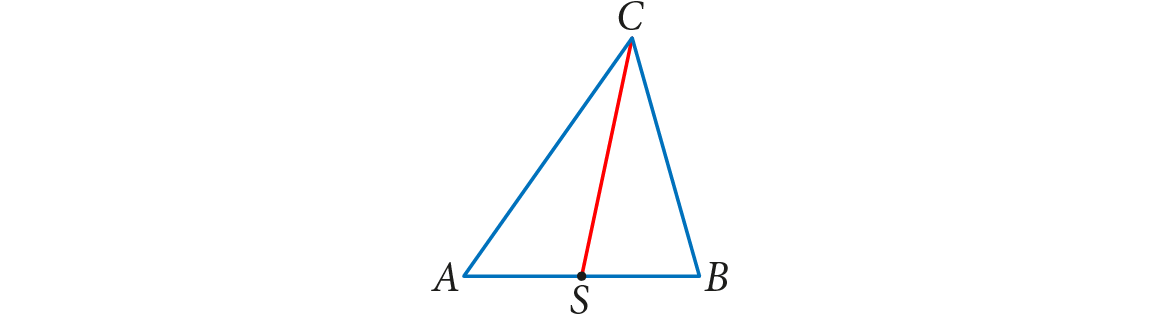 Niebieski trójkąt ABC z zaznaczoną czerwoną środkową poprowadzoną z wierzchołka C do punktu S będącego środkiem boku AB.