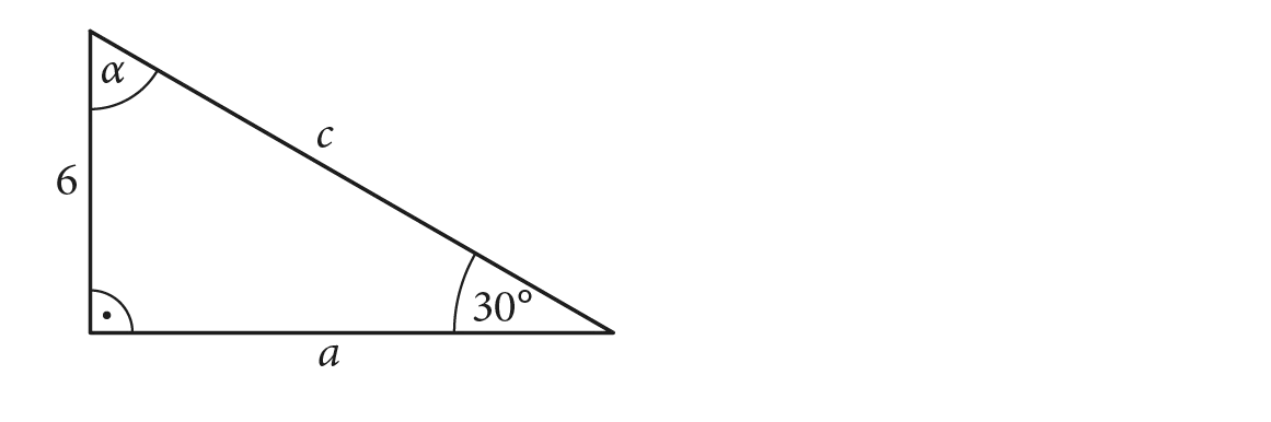 Trójkąt prostokątny o przyprostokątnych a i 6, przeciwprostokątnej c oraz kątach alfa i 30 stopni.
