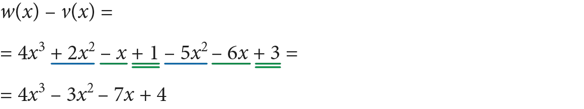 Wyrazy podobne: 2x^2 i -5x^2, -x i -6x, 1 i 3. Wielomian w-v = 4x^3-3x^2-7x+4.