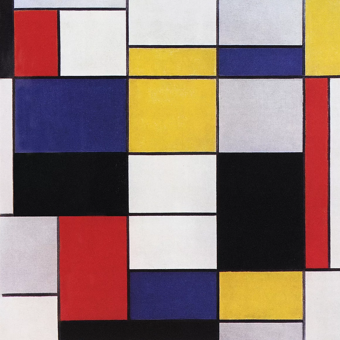 Obraz: Piet Mondrian, „Kompozycja z czarnym, czerwonym, szarym, żółtym i niebieskim”, 1920
