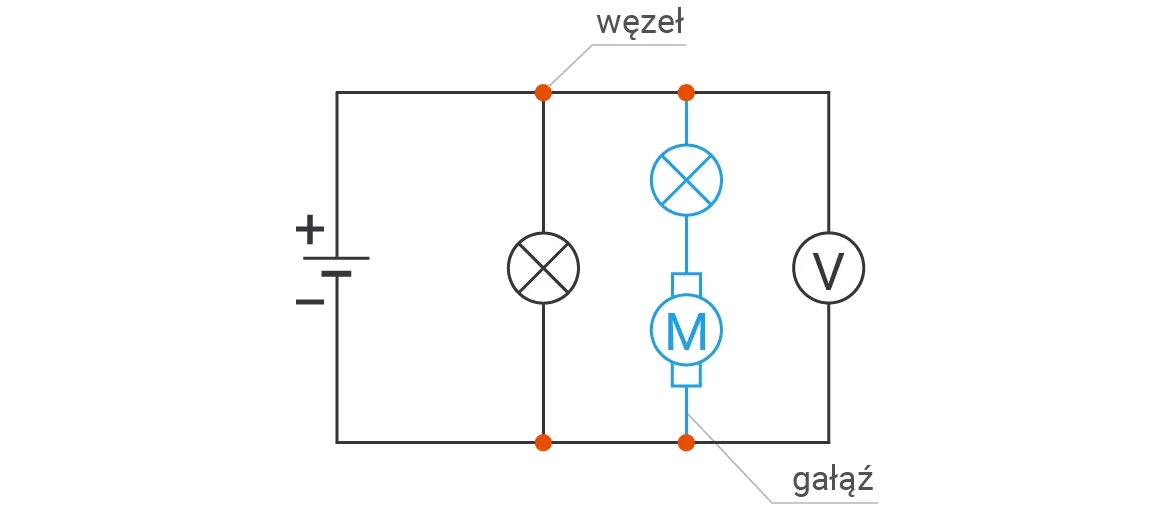 Gałąż i węzeł zaznaczone na schemacie obwodu elektrycznego.