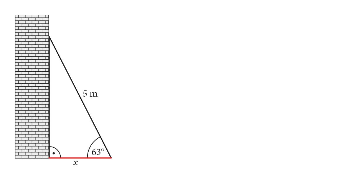 Trójkąt prostokątny przedstawiający 5-metrową drabinę opartą o mur budynku, która z ziemią tworzy kąt 63°.
