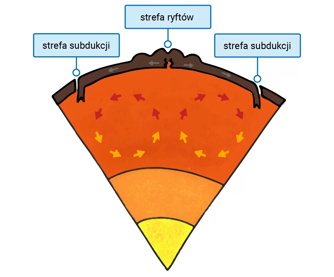Grafika. Strefy subdukcji i strefa ryftów na granicach płyt litosfery.