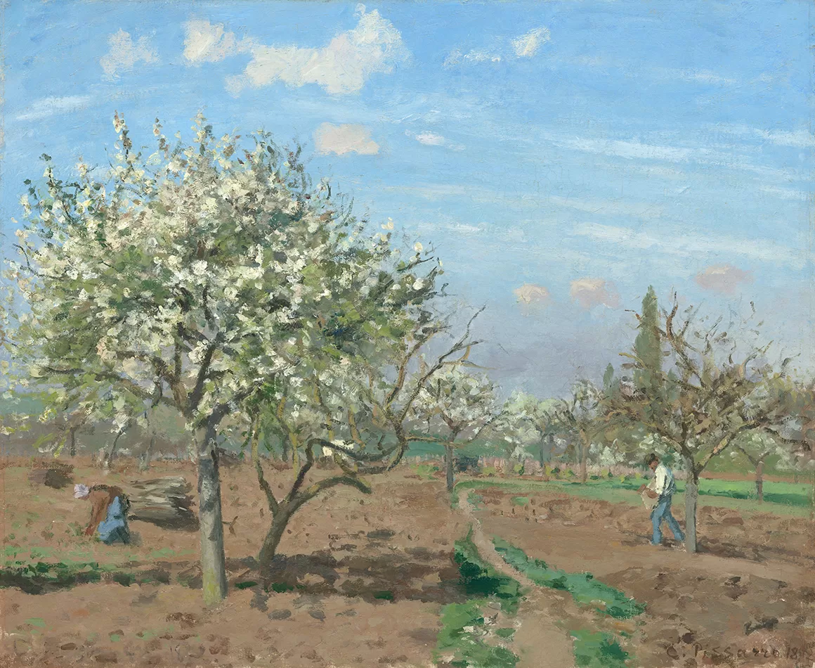 Obraz: Camille Pissarro, „Kwitnący sad w Louveciennes”, 1872