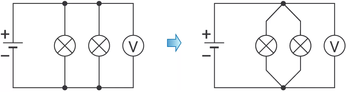Dwa tożsame schematy elektryczne, na których widać jak można łączyć lub rozsuwać węzły.