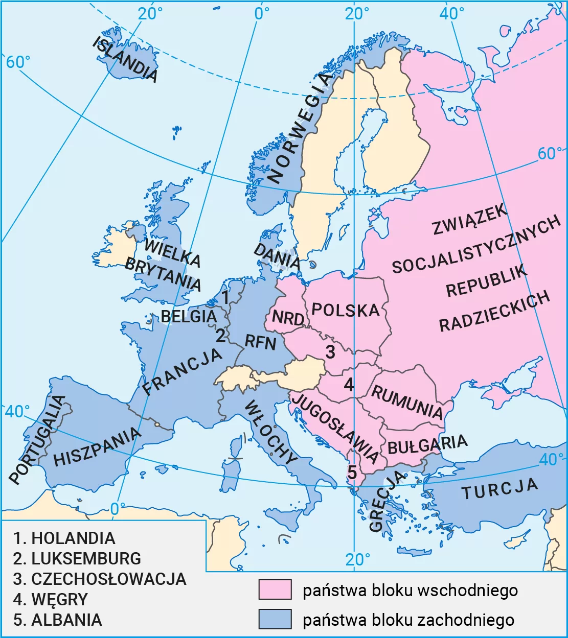 Mapa. Podział Europy na blok zachodni i blok wschodni przed 1989 r.
