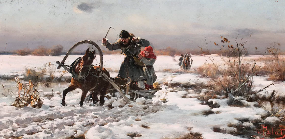 Obraz: Julian Fałat, „Przeprawa sankami przez roztopy”, XIX w.