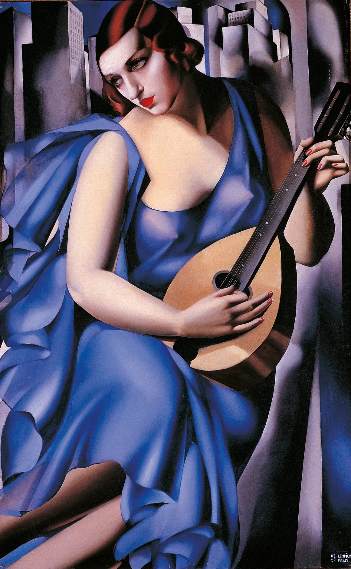 Obraz: Tamara Łempicka, „Kobieta w niebieskim z mandoliną”, 1929