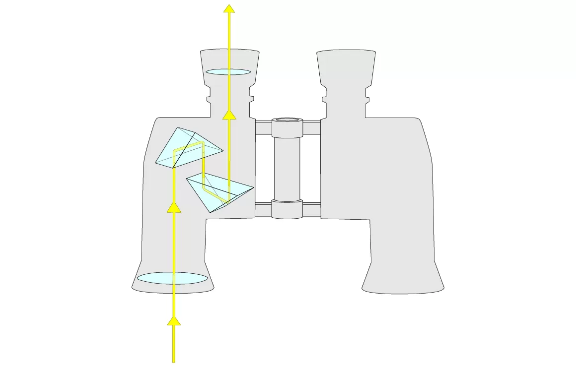 Rysunek pryzmatów w lornetce. Pokazany tor światła i całkowite wewnętrzne odbicie w pryzmatach.