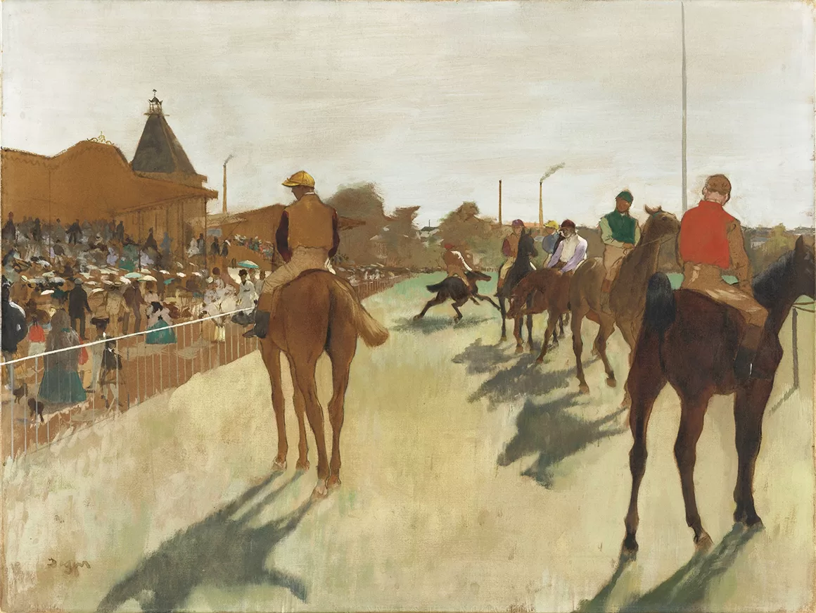 Obraz: Edgar Degas, „Parada koni wyścigowych przed trybuną widzów”, 1866–1868