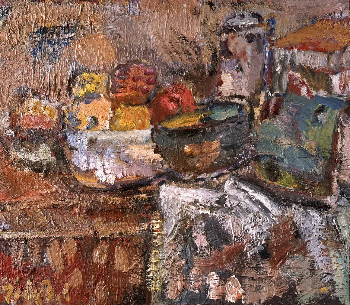 Obraz: Jan Cybis, „Stół z jabłkami i maską”, XX w.